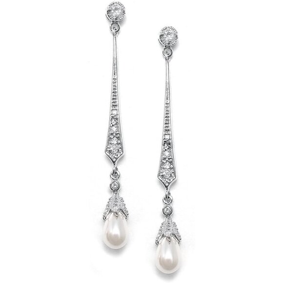 Women's Silver Pearl Dangle Earrings with Freshwater Pearls and Cubic Zirconia - Picture 1 of 7